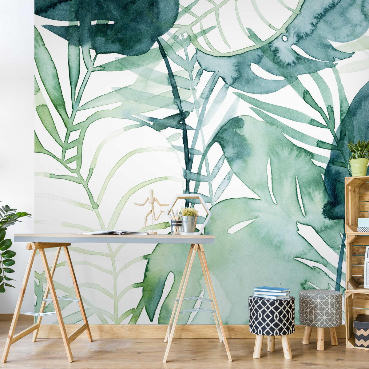 FOTOTAPETE Palmwedel in Wasserfarbe II 240/240 cm - Grün, Papier (240/240cm) - Bilderwelten