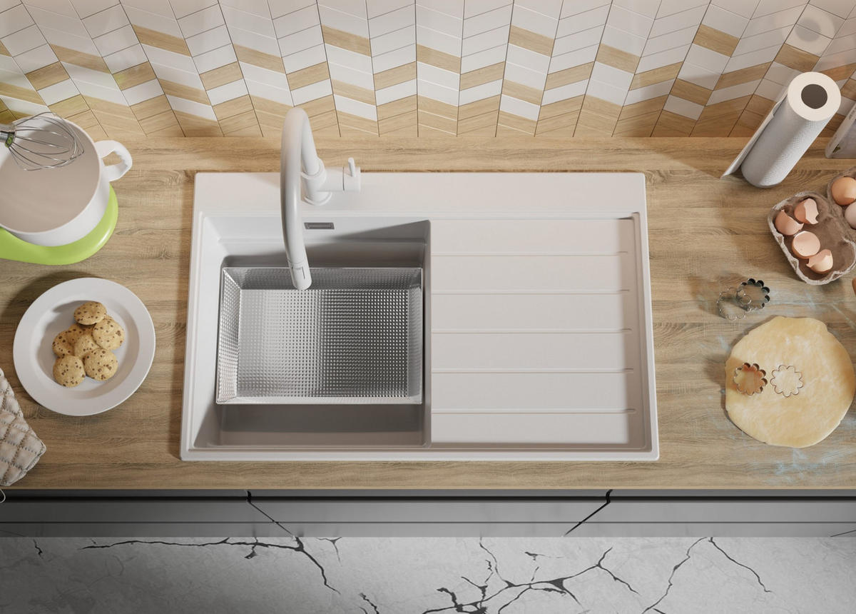 SPÜLBECKEN Sydney, 2-er set Weiß 78/50 cm 1 Becken + Ablauf-Set + Küchenzubehörset ab 45er Unterschrank - Chromfarben/Beige, Kunststoff (78/20/50cm) - Primagran