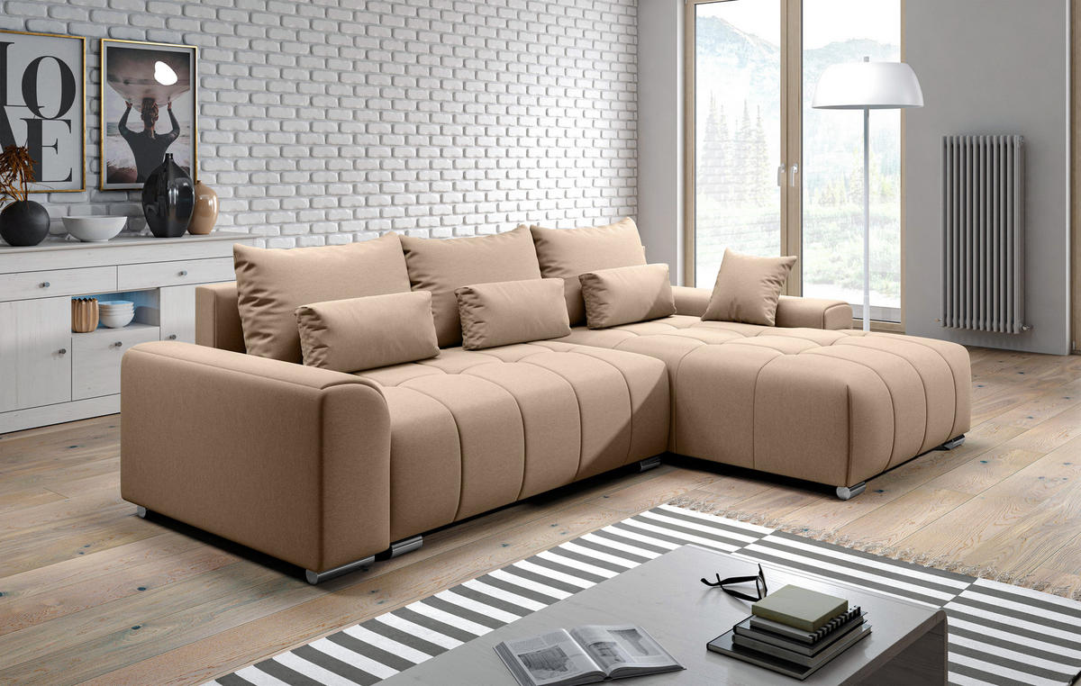 ECKSOFA L Form Rivolli Beige 260/179/98 cm – modernes Sofa fürs Wohnzimmer - Beige/Silberfarben, Textil/Metall (260/179cm) - AX Living
