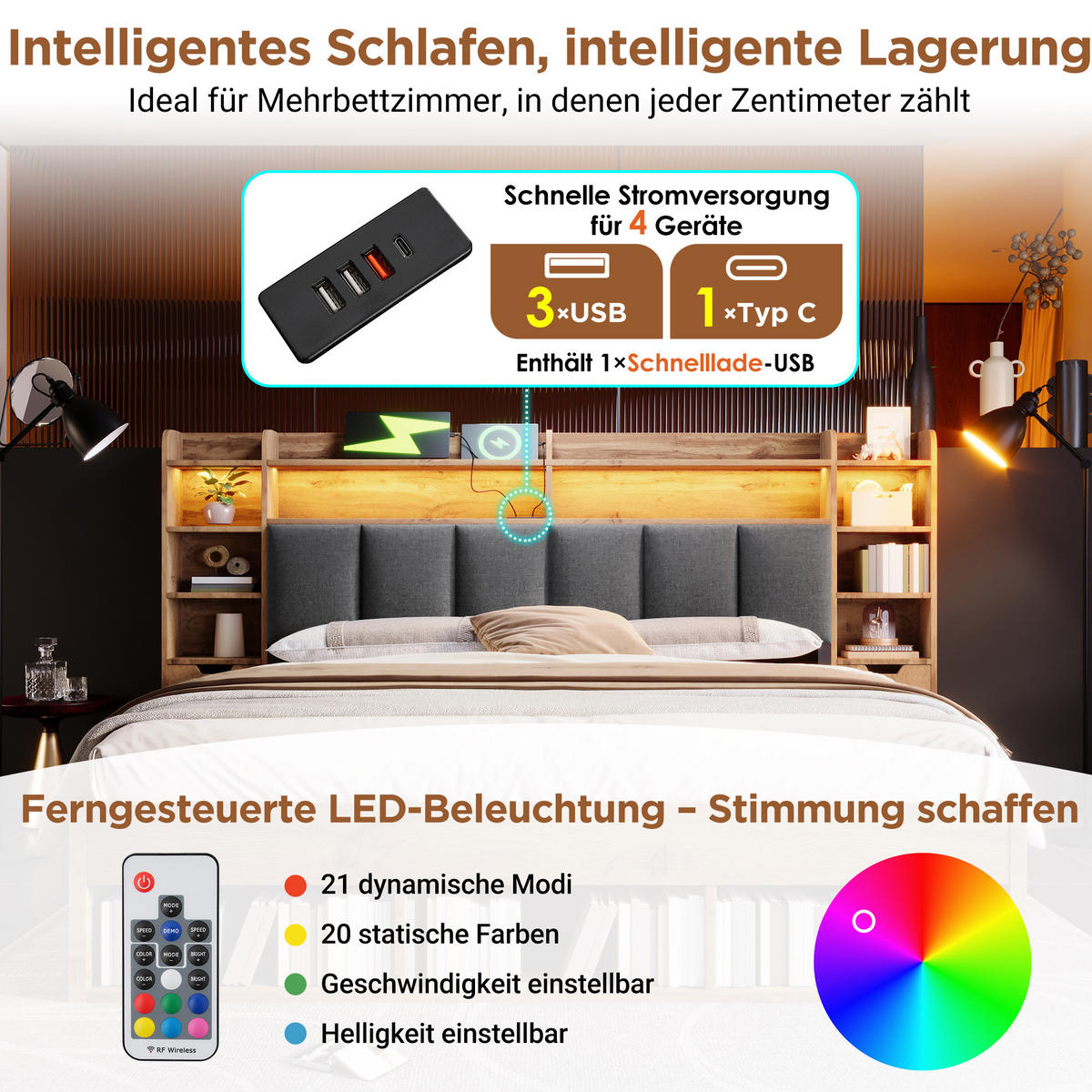 DOPPELBETT 180/200 cm mit LED-Beleuchtung, USB- und USB-C-Anschlüssen, Stauraum und Rollschubladen, Eichefarben - Eichefarben, Holzwerkstoff (180/200cm) - Redom