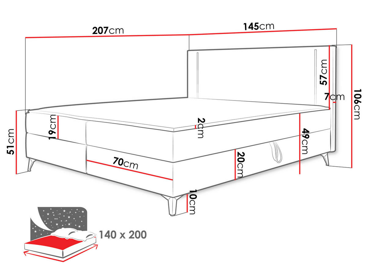 BOXBETT Ono 2 - Schwarz/Rosa, Holz/Textil (140/200cm) - MIRJAN24
