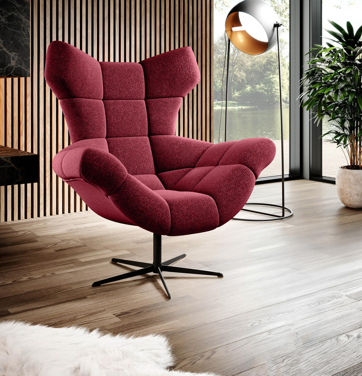 SESSEL SENSI Relaxstuhl mit 360° Drehung und Schwingfunktion – Lux-Schaumkissen, Bordeaux, 104x46x119 cm - Rot/Schwarz, Holz/Textil (104/119/84cm) - DomoHome