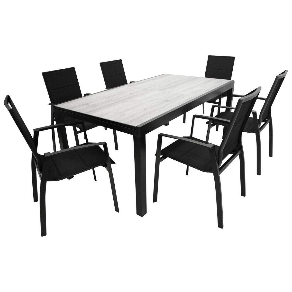 GARTEN-GARNITUR Ashford - 7-teilige Garten-Essgruppe (6x Stapelsessel mit Armlehnen, 1x Ausziehtisch 180/240x100cm), Gestell Aluminium - Schwarz, Metall - TPFGarden