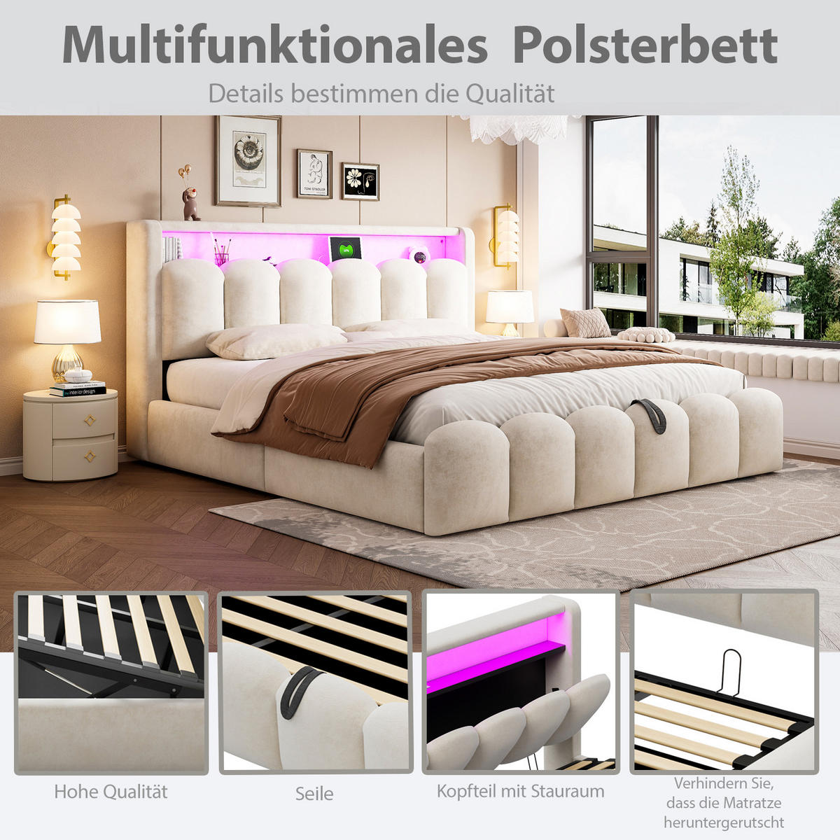 POLSTERBETT 180x200 Beige Samt LED Stauraum - Beige, Textil (180/200cm) - FLIEKS