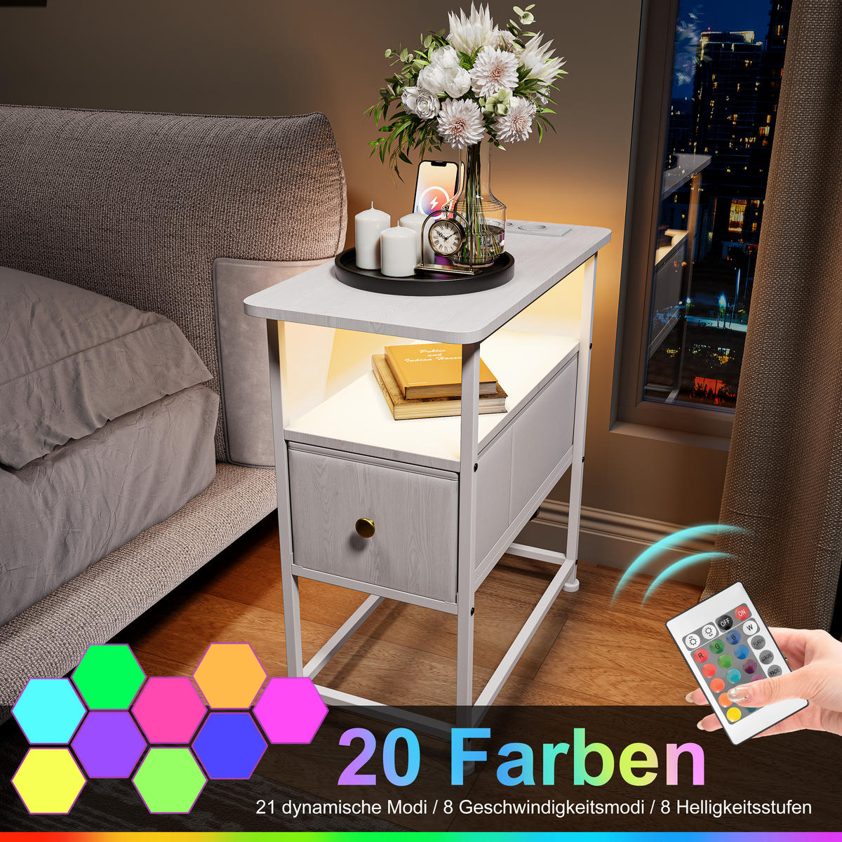 BEISTELLTISCH Weiß LED USB 1 Schublade - Weiß, Metall (60/30/62cm) - SHOPENTRA