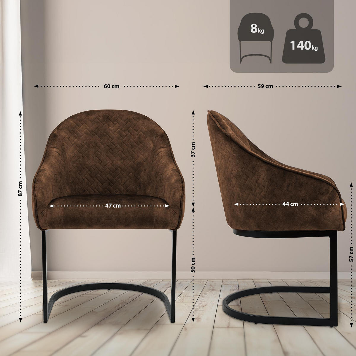 ESSZIMMERSTUHL Samt Coffee - Schwarz/Braun, Textil/Metall (60/87/59cm) - CLP