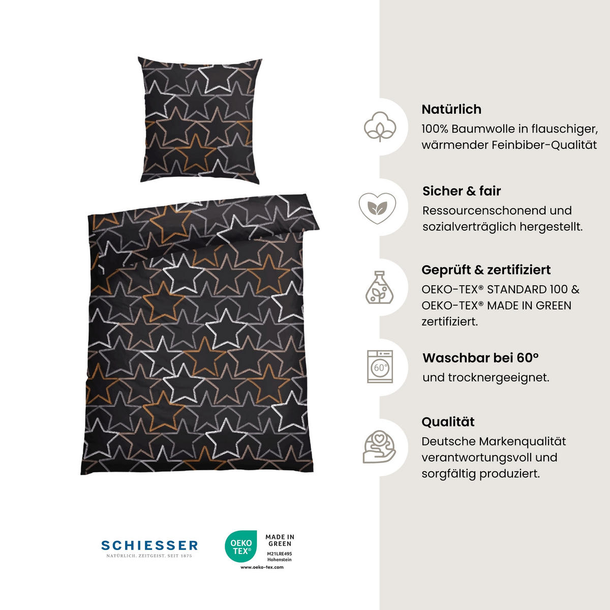 BETTWÄSCHESET Lizzy - Feinbiber - 2-teilig - 155 x 220 cm - Dunkelgrau - Dunkelgrau, Textil (155/220cm) - SCHIESSER