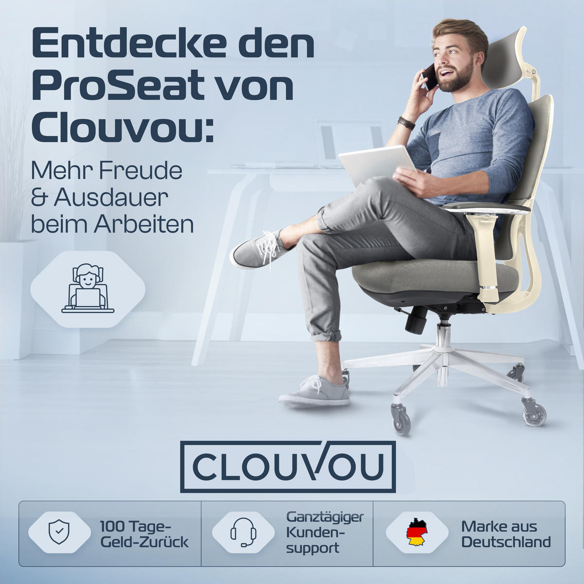 BÜROSTUHL ProSeat Creme-Weiß - Beige/Silberfarben, Kunststoff/Textil (70/145/70cm) - Clouvou