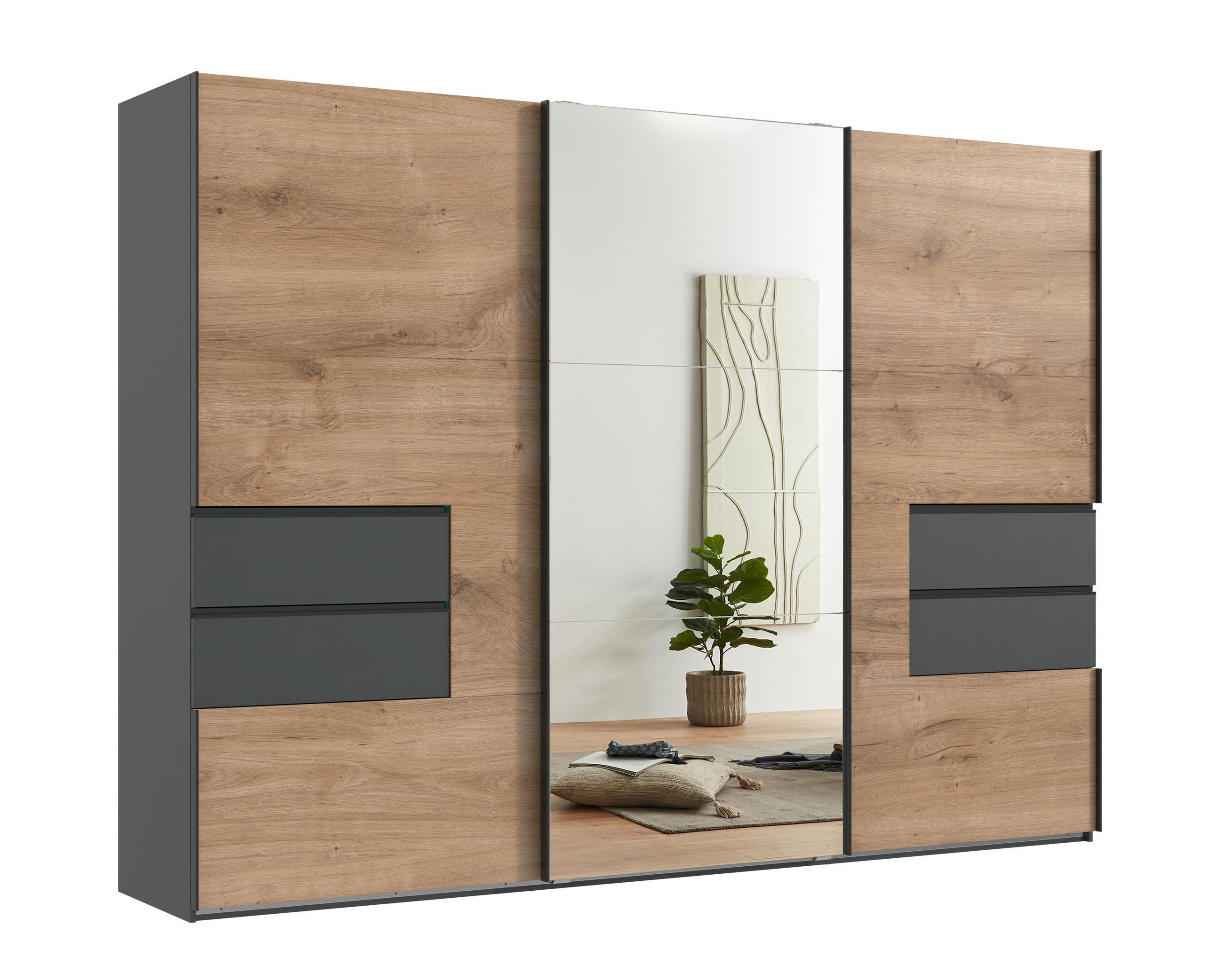 SCHWEBETÜRENSCHRANK B300/H216/T65 cm, Korpus+Schubladen Grafit, Türen eichefarben / Spiegel, inkl. Vollausstattung / 22055 - Eichefarben/Schwarz, Holzwerkstoff/Metall (300/216/65cm) - luma-home