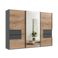 SCHWEBETÜRENSCHRANK B300/H216/T65 cm, Korpus+Schubladen Grafit, Türen eichefarben / Spiegel, inkl. Vollausstattung / 22055 - Eichefarben/Schwarz, Holzwerkstoff/Metall (300/216/65cm) - luma-home