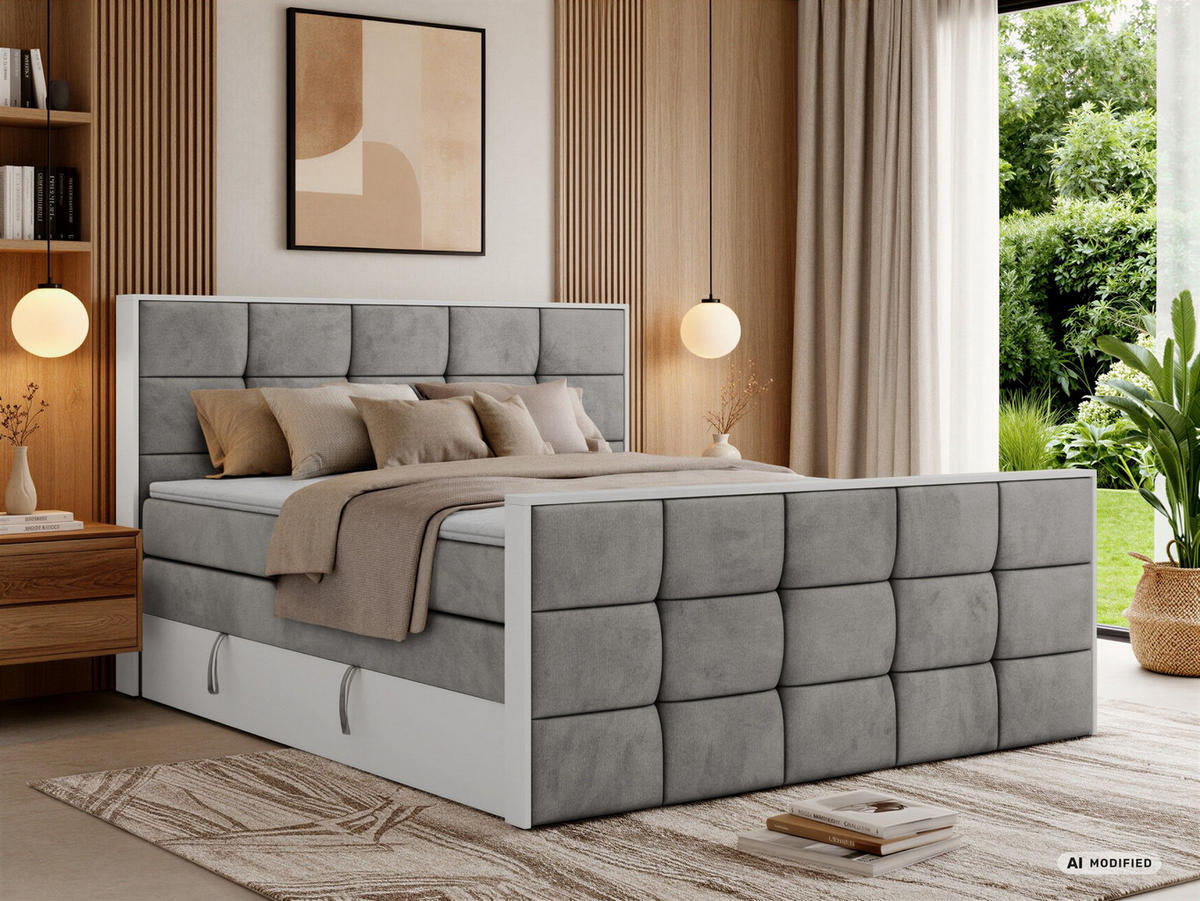 BOXSPRINGBETT ALVIT KING DUO 200/200 - Hellgrau Velvet - Topper Visco - H3 - Hellgrau/Schwarz, Kunststoff/Textil (200/200cm) - MKS