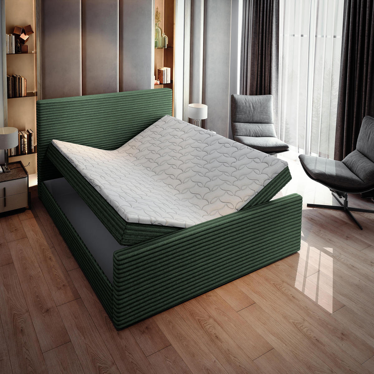 BOXBETT BRENTO 160x200 cm mit Matratze und Topper - Grün - Grün, Holz (160/200cm) - MASSENO