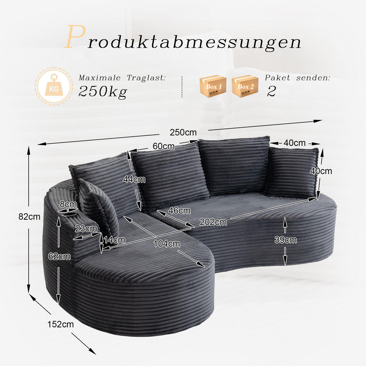 ECKSOFA aus Cord 250x152x82 cm Dunkelgrau mit Getränkehaltern, Seitentaschen und Kissen im Bogendesign - Dunkelgrau, Textil (250/152cm) - Modfu