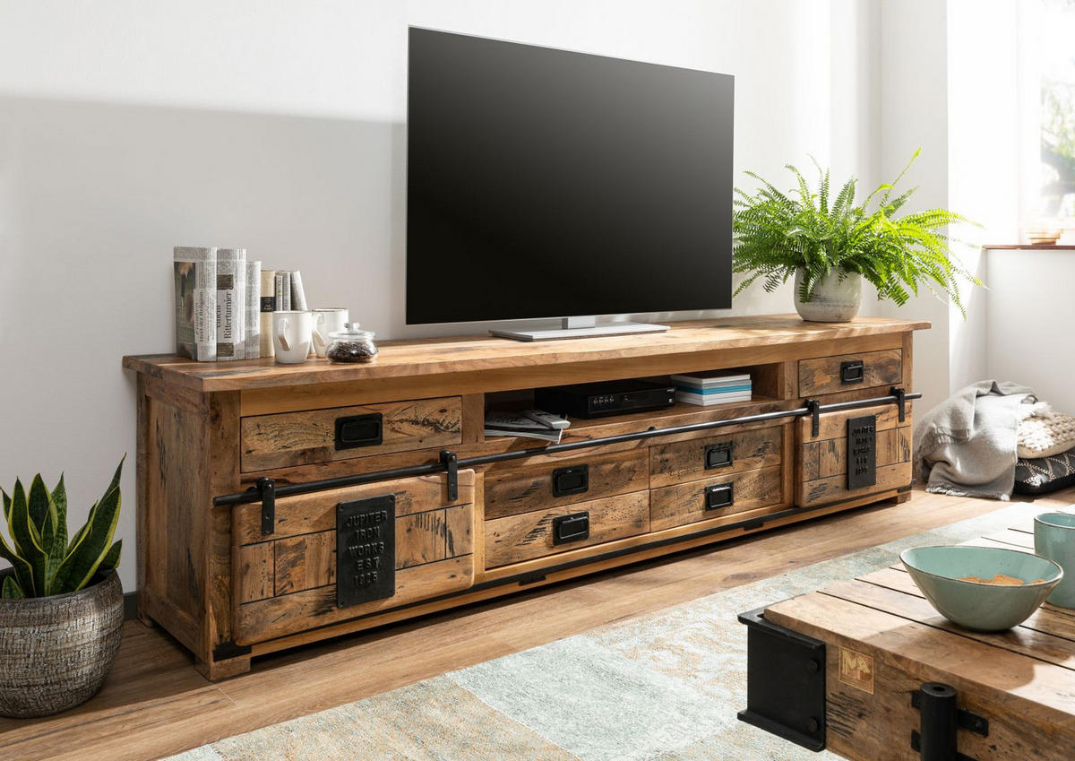 TV-BOARD Mango 240x50x60 natur lackiert RAILWAY #156 - Naturfarben, Holz (240/60/50cm) - Massivmoebel24