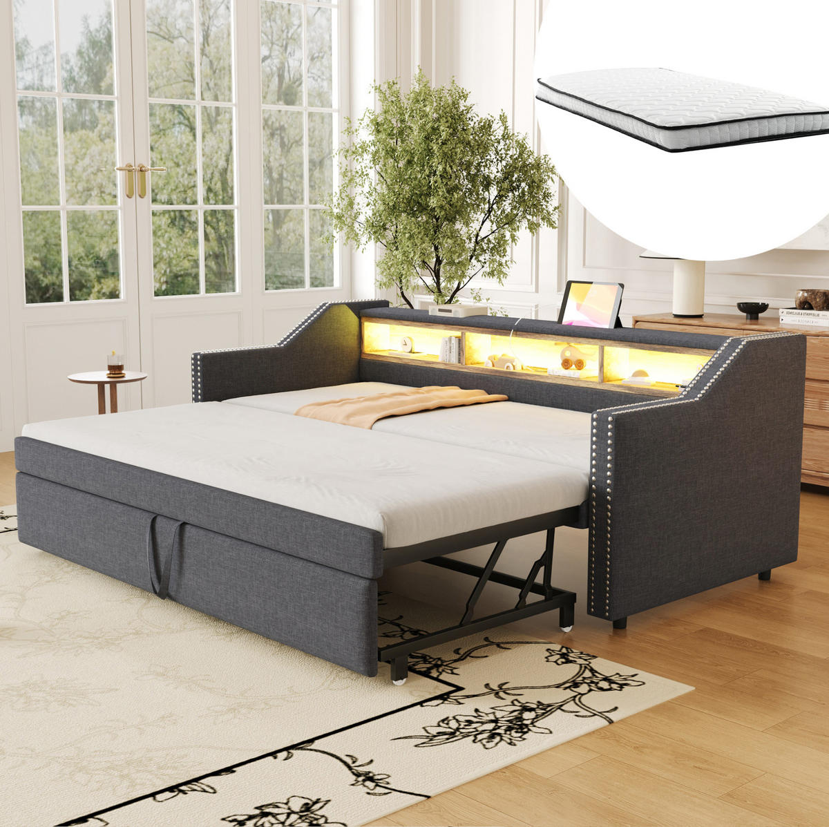 SCHLAFSOFA aus Leinenstoff 90/180x190 cm Dunkelgrau mit Ausziehbett, LED und USB-Anschluss - Dunkelgrau, Textil (90/190cm) - IVMEU