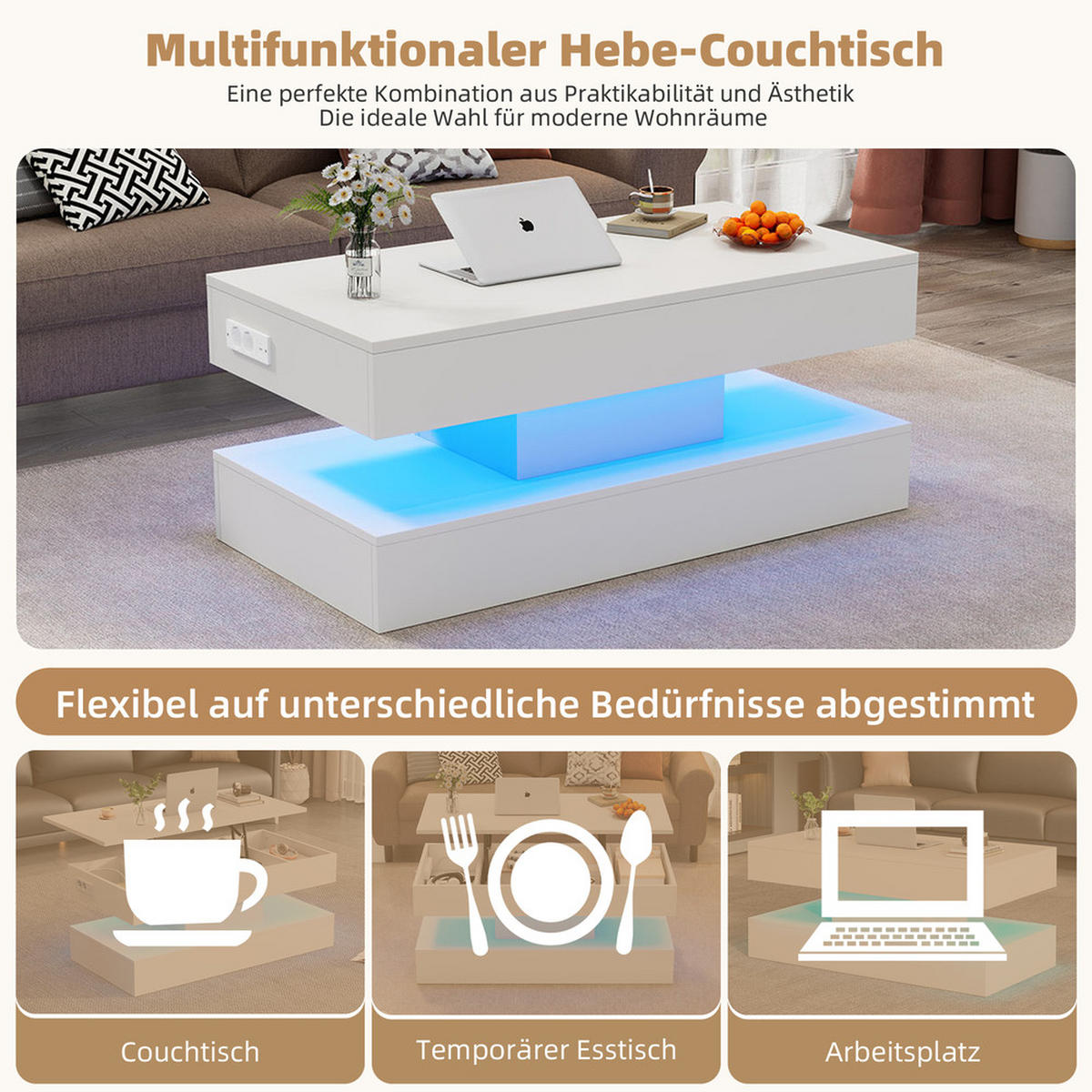 COUCHTISCH 100x50cm Modern LED Hydraulik Hub Versteckter Stauraum 50kg - Weiß, Holz (110.5/63.5/14cm) - FLIEKS