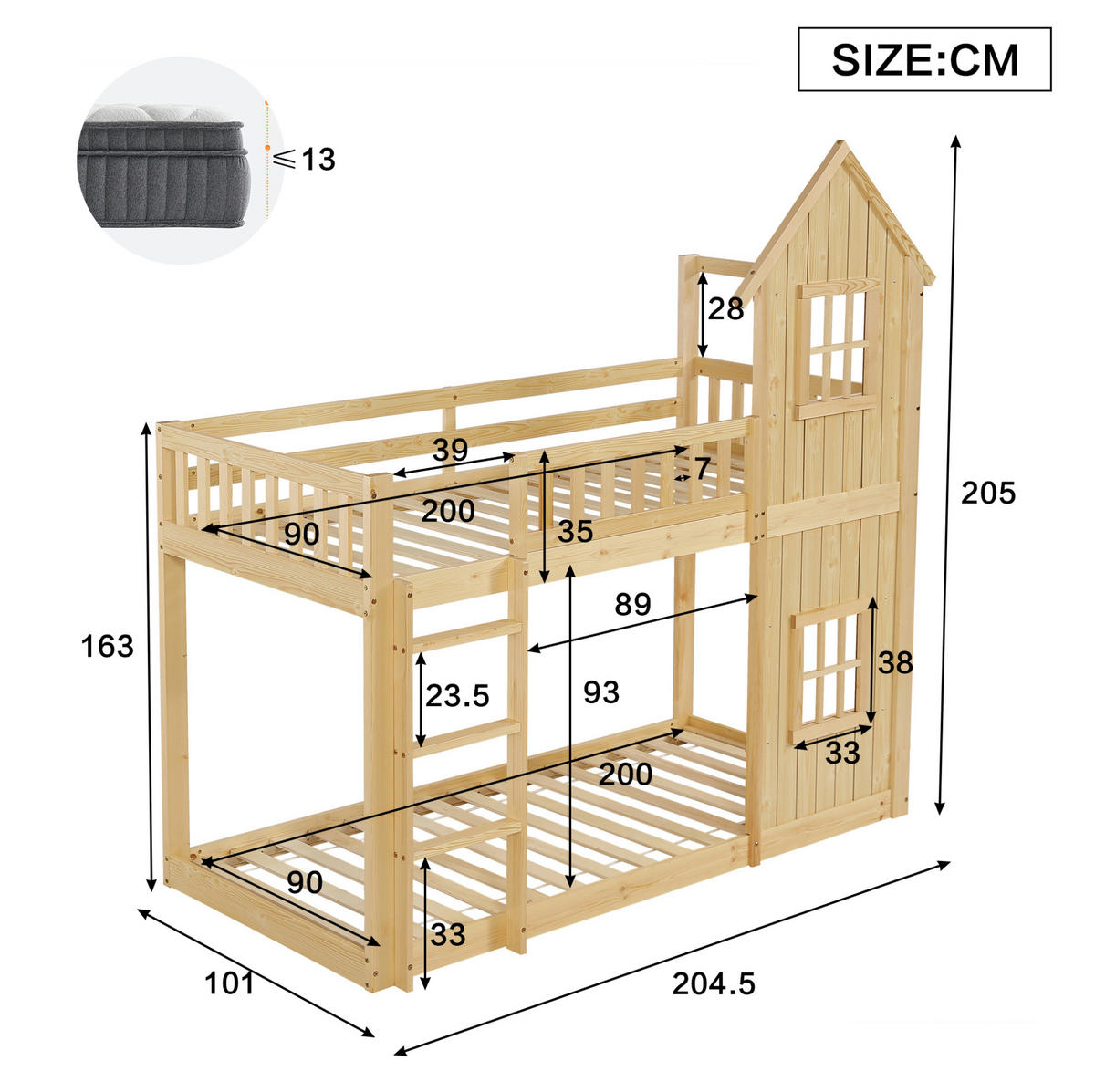 ETAGENBETT 90x200 cm in Natur mit Hausdesign, Treppe und Rundum-Schutz - Naturfarben, Holz (90/200cm) - IVMEU