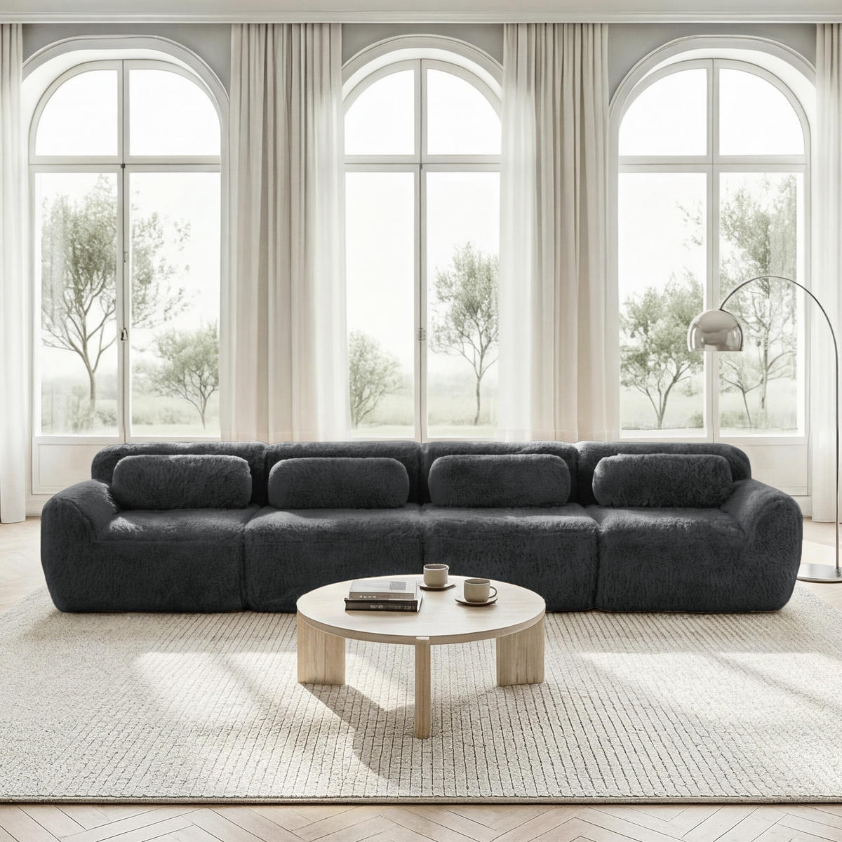 4-SITZER SOFA Plüsch Grau mit Kissen - Grau, Textil (378/73/104cm) - WISHDOR