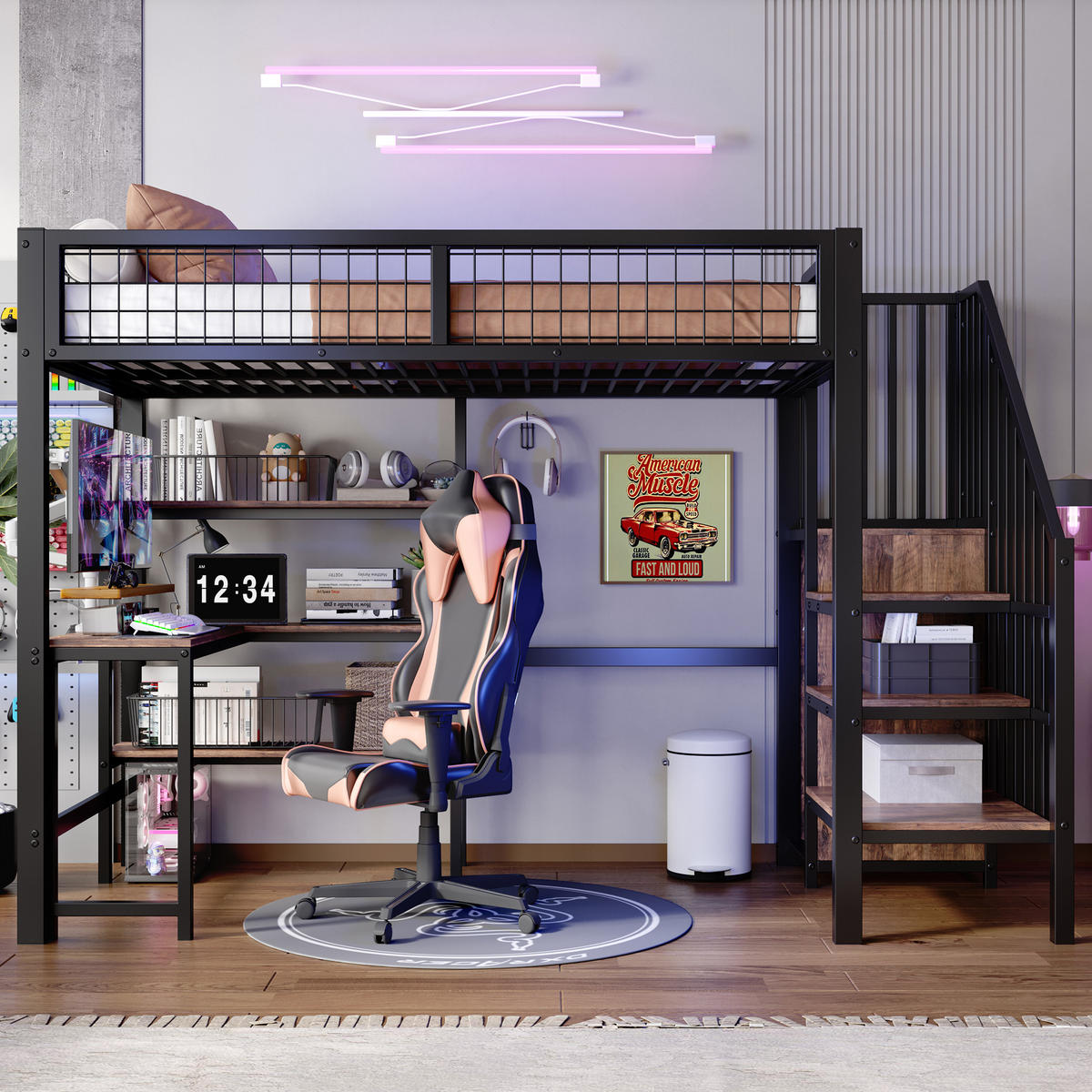 HOCHBETT 90/200 cm Schwarz/Braun aus Metall und MDF mit Schreibtisch und Kleiderschrank - Schwarz, Holzwerkstoff (90/200cm) - OKMYHOME