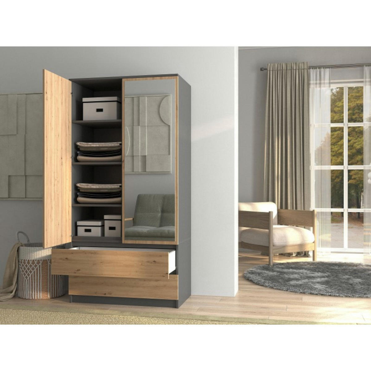 KLEIDERSCHRANK Wäscheschrank Laminierter Spanplatte - Anthrazit/Eiche Artisan, Holzwerkstoff (90/180/50cm) - Ibonto