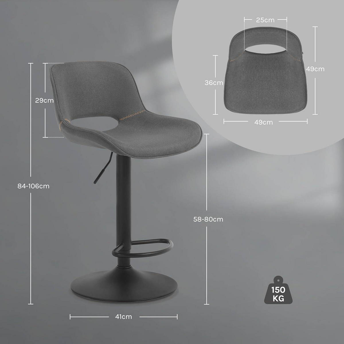 BARHOCKER höhenverstellbar, aus Metall - Grau, Textil/Metall (49/106/49cm) - Woltu