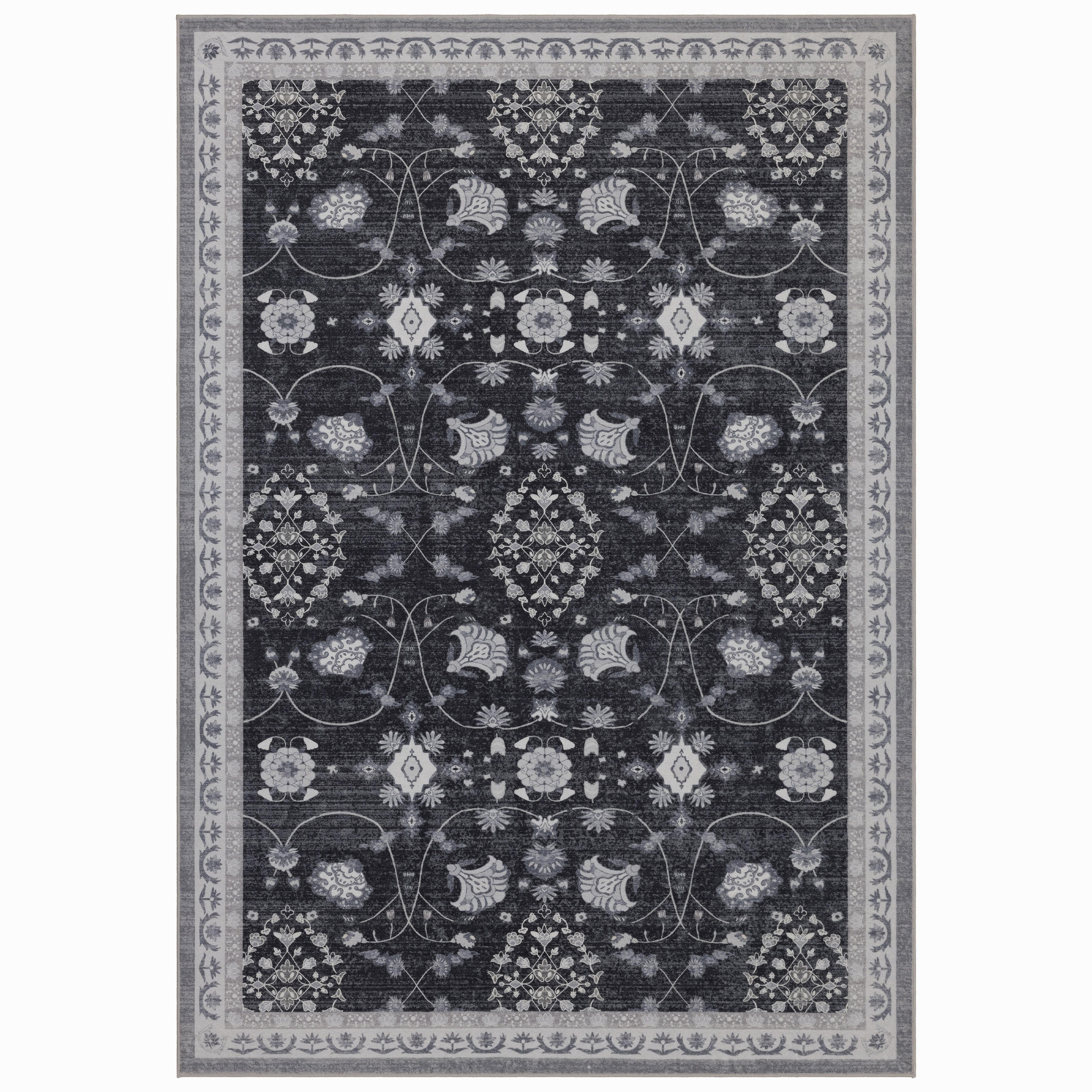 TEPPICH Kurzflor, waschbar, mit floralen Ornamenten, VERNANTE in Schwarz-Creme-Grau, 120 x 170 cm - Schwarz, Textil (120/170cm) - KADIMA DESIGN