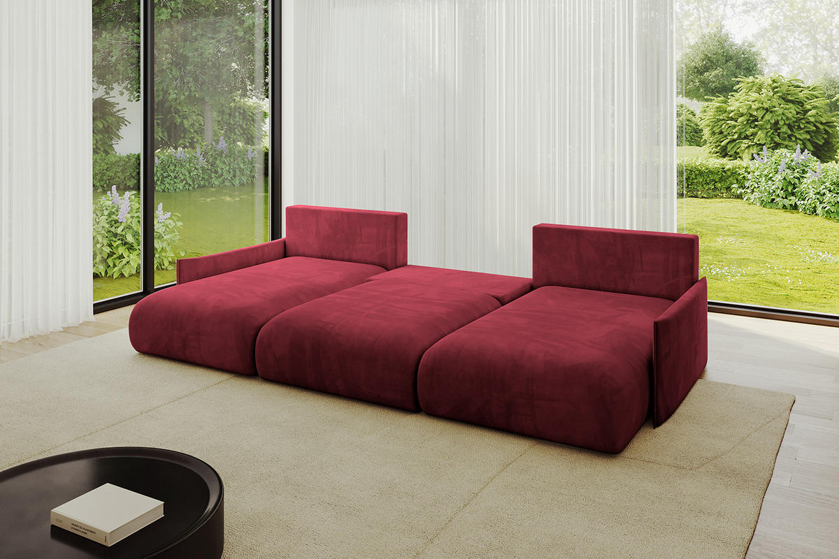 WOHNLANDSCHAFT mit Schlaffunktion und Bettkasten ONESK-U-v1 304x165x40 Bordeauxrot Velours - Bordeaux, Holzwerkstoff/Kunststoff (304/90/165cm) - ALTDECOR