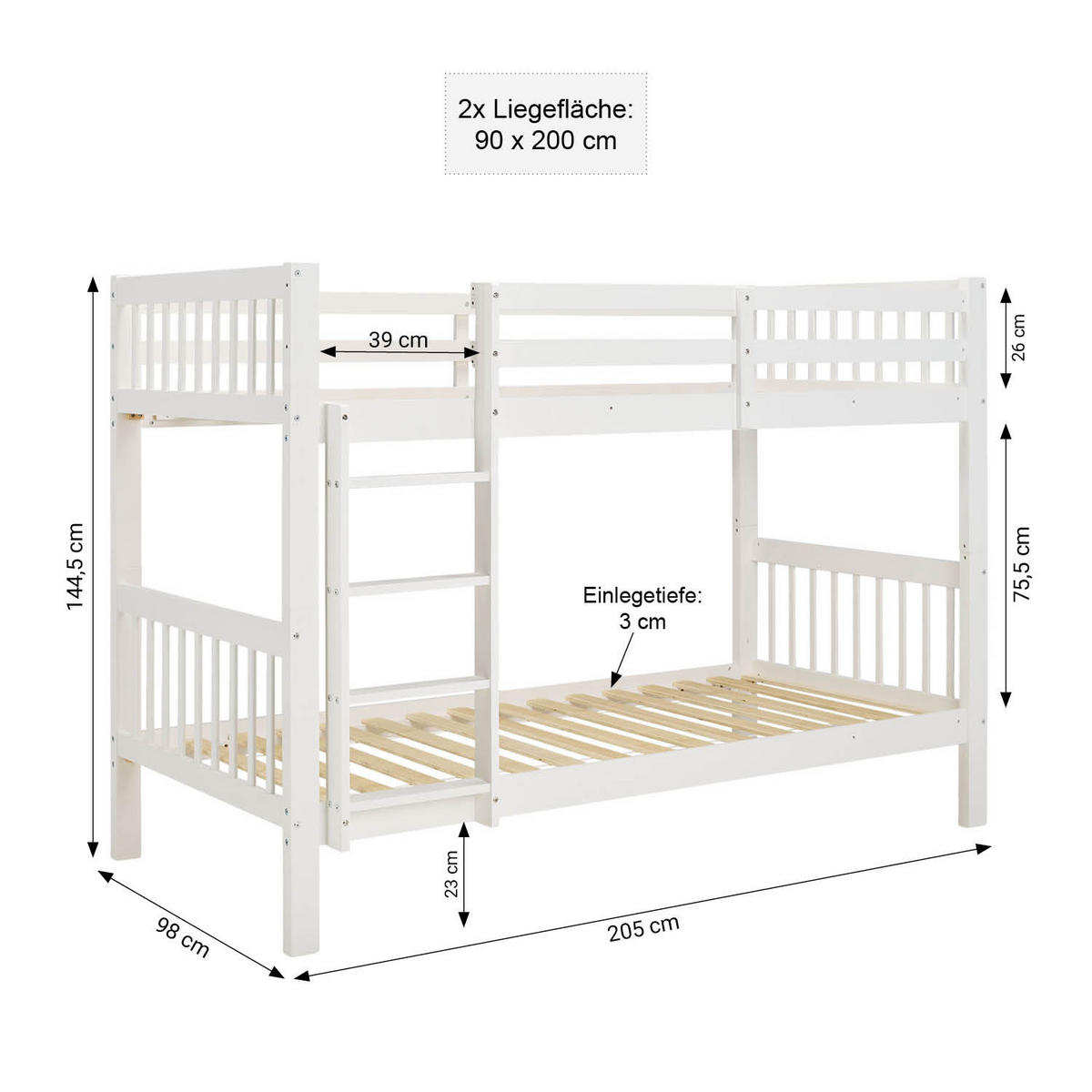 ETAGENBETT mit Matratzen 90/200 cm Weiß - Weiß, Holz (90/200cm) - Homestyle4u