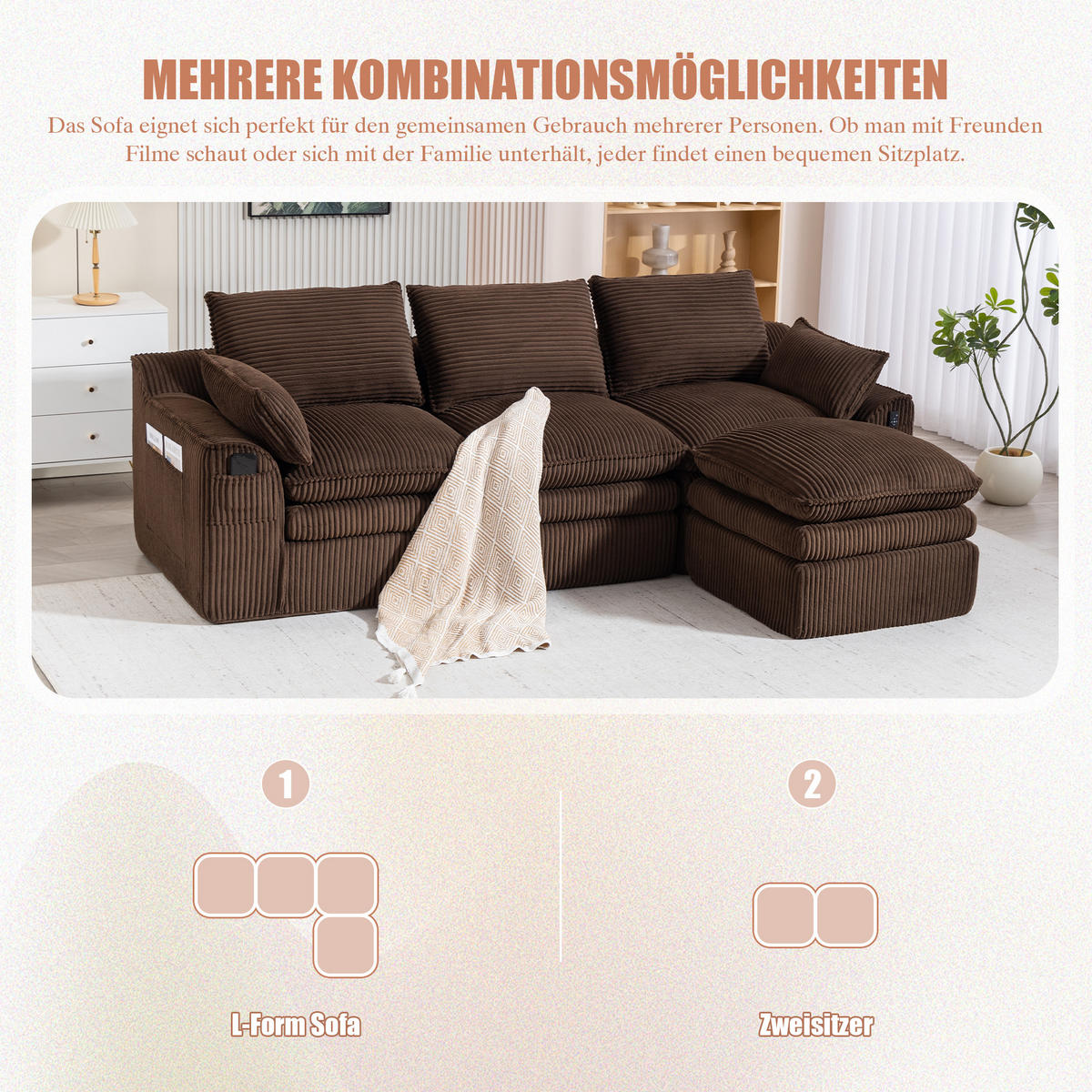 3-SITZER ECKSOFA Cord Braun mit Kissen, Hocker und Seitentaschen - Braun, Textil (263/167cm) - WISHDOR