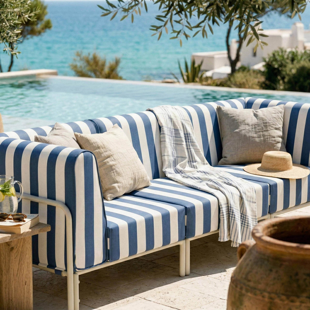 GARTENSOFA mit 3 Sitzplätzen, Blau - Blau, Textil (80/78/216cm) - Oviala