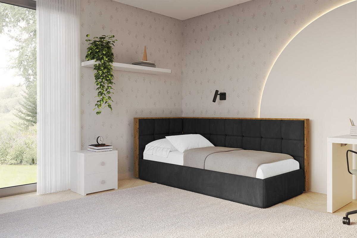EINZELLBETT Jugendbett mit Bettkasten, Rechts - SOVY 100x200 Schwarz - Anthrazit, Holzwerkstoff/Textil (100/200cm) - ALTDECOR