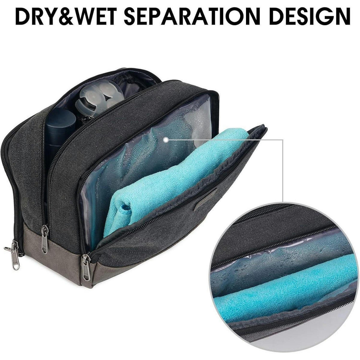 KULTURTASCHE Herren Schwarz Wasserabweisend Canvas Kunstleder 25 cm - Schwarz, Textil (16/13/25cm)
