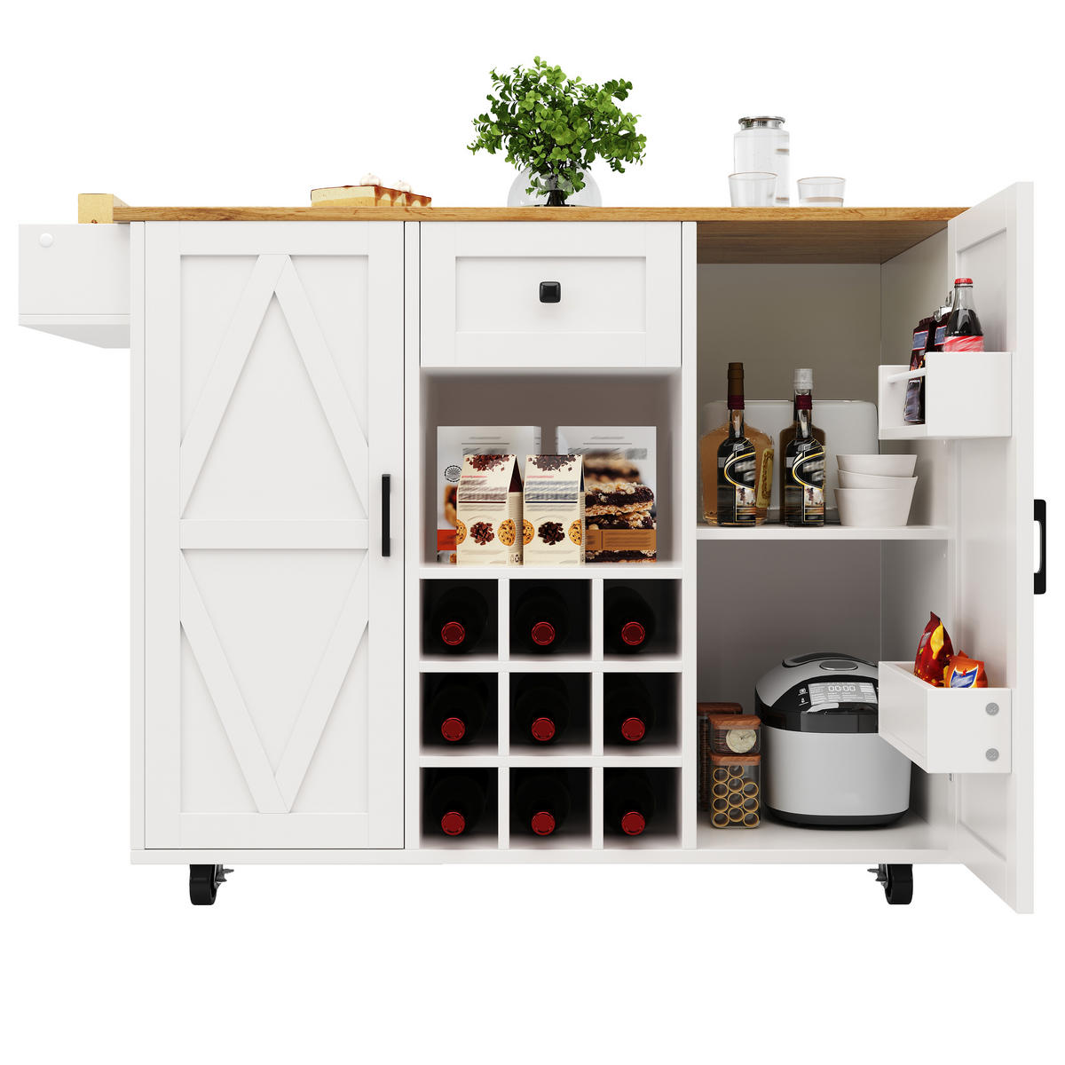 KÜCHENINSEL Weiß 137,5/40/95,6 cm Klappbar mit Weinregal - Weiß, Holzwerkstoff (137.5/95.6/40cm) - PANGIVO