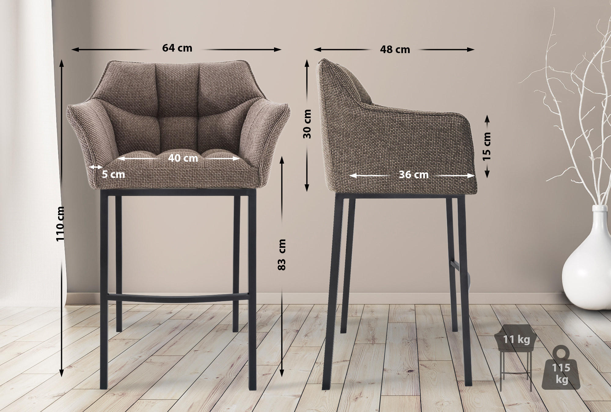 Thumbnail - CLP Barhocker, Dunkelbraun, Schwarz, Textil, 64x110x48 cm, Esszimmer, Barmöbel, Barhocker