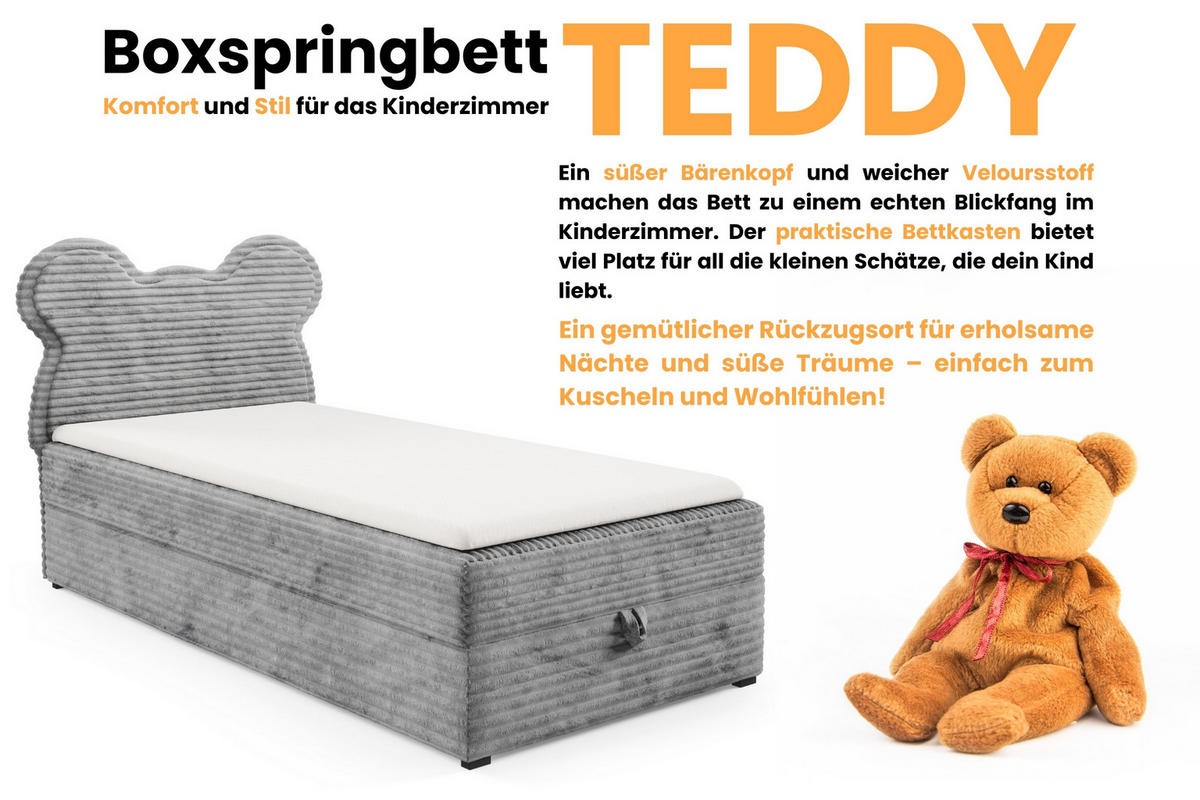 BOXBETT TEDDY 100/200 Cord-Samt Hellgrau H3 - Hellgrau, Holz/Holzwerkstoff (100/200cm) - Deine Möbel 24