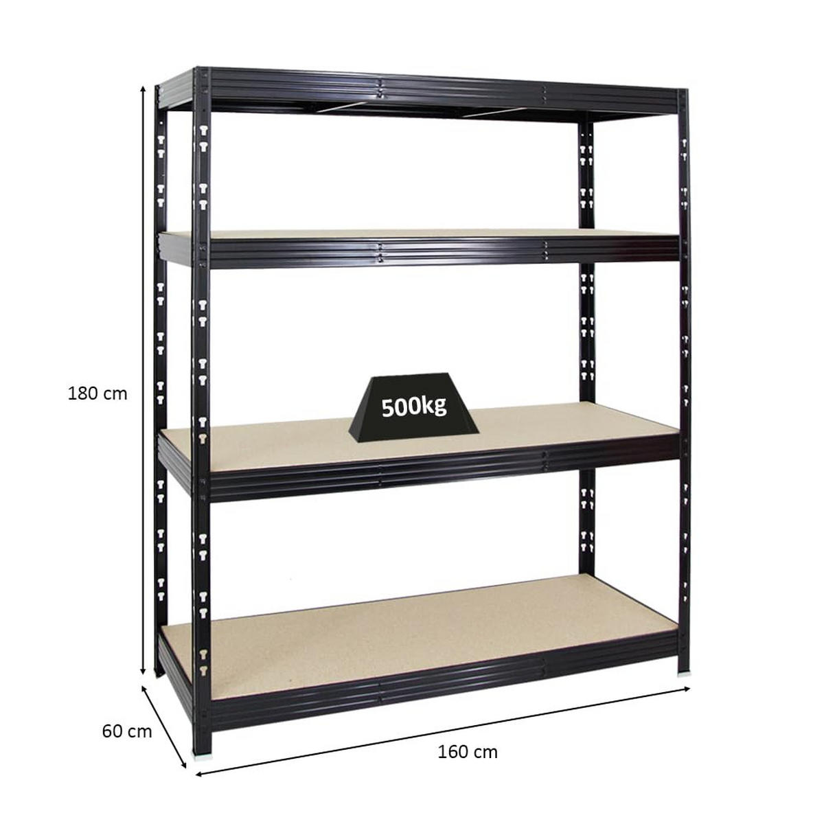 SCHWERLASTREGAL Rhino 180x160x60 cm 4 Spanplatten-Ebenen 8mm Fachlast 500 kg Schwarz - Schwarz, Metall (160/180/60cm) - PROREGAL