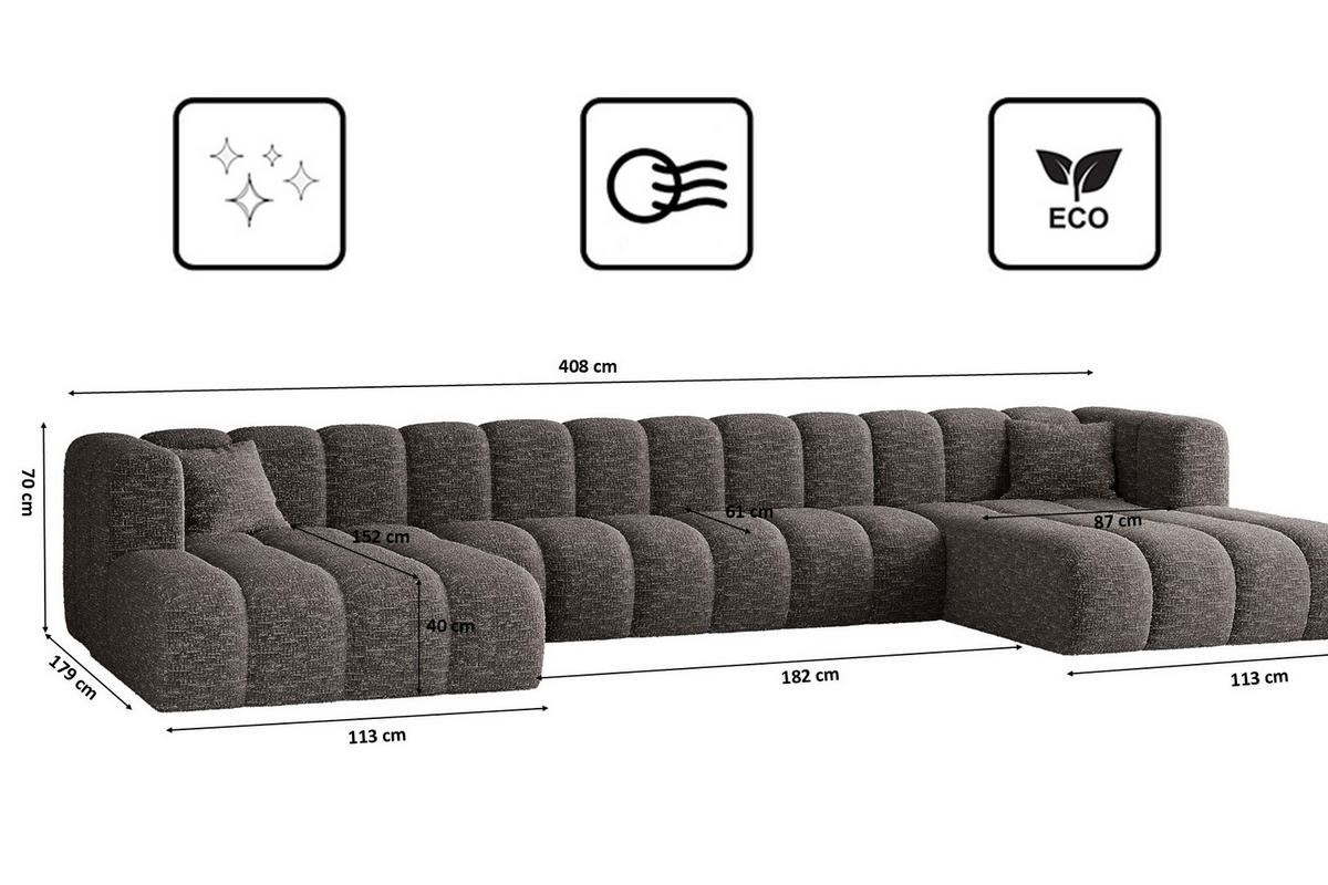 ECKSOFA U-form Grand U XL Stoff Haga Graphit - Graphitfarben, Holz (179/408cm) - Kaiser Möbel