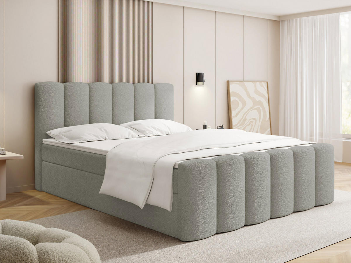BOXBETT Serenity mit Bettkasten, Boucle Grau 160x200 cm – inkl. H4 Taschenfederkern Matratze & Foam Topper - Hellgrau/Schwarz, Holz/Holzwerkstoff (160/200cm) - WFL GROUP