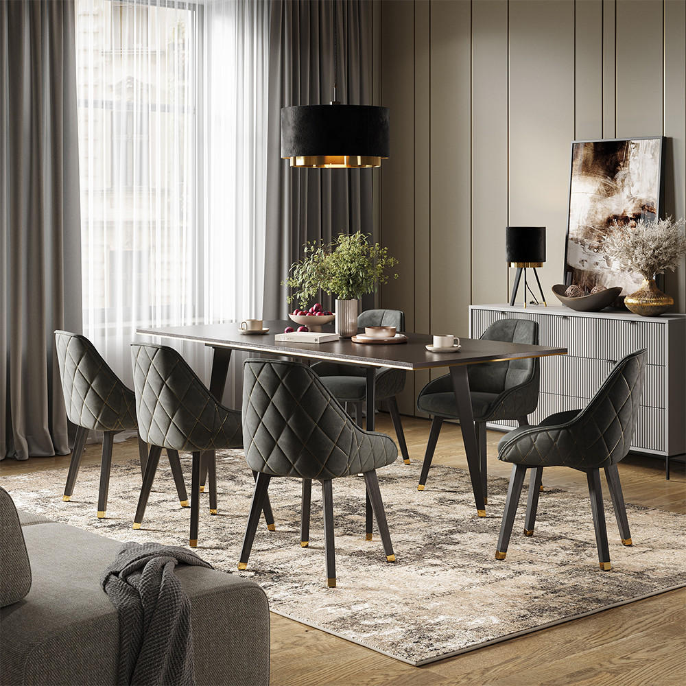 ESSTISCH SET Goldamo Schwarz 200 x 90 cm mit 6 Stühlen - Goldfarben/Schwarz, Holzwerkstoff (200/77/90cm) - Vicco