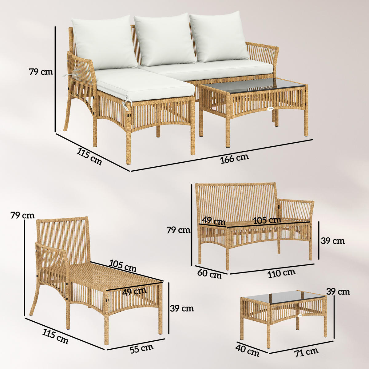 GARTENLOUNGE-SET 3tlg DE-13701 mit Liege & Tisch Creme - Creme, Metall - ComfortXL