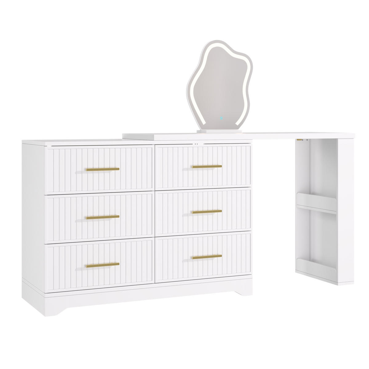 SCHMINKTISCH Drehbar L-Form Weiß Gold LED-Spiegel 6 Schubladen - Weiß, Holzwerkstoff (110/129/40cm) - Urban Meuble