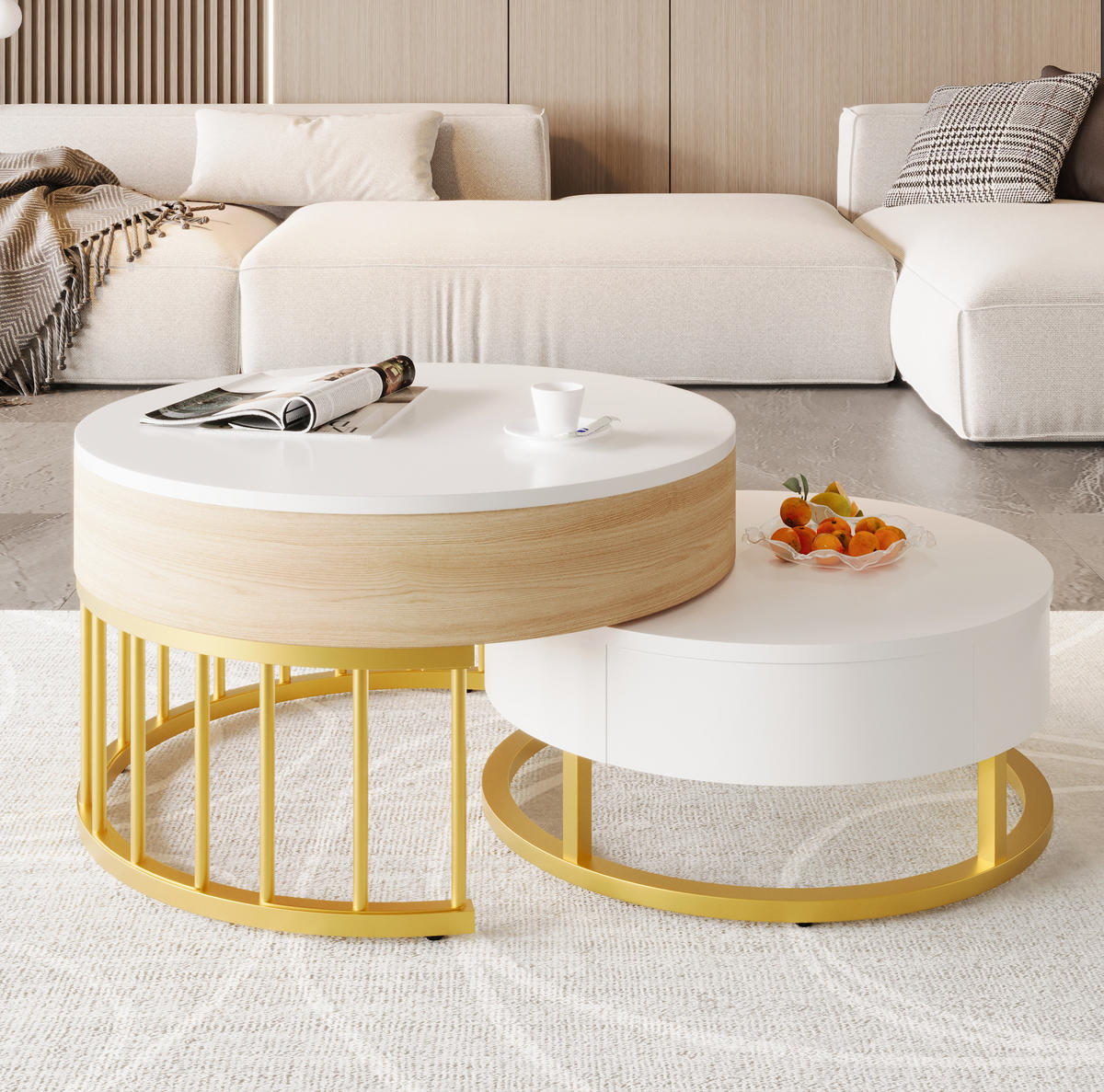 COUCHTISCH 2er-Set rund höhenverstellbar MDF Weiß Gold - Weiß, Holz (70/70/56cm) - Meubliv