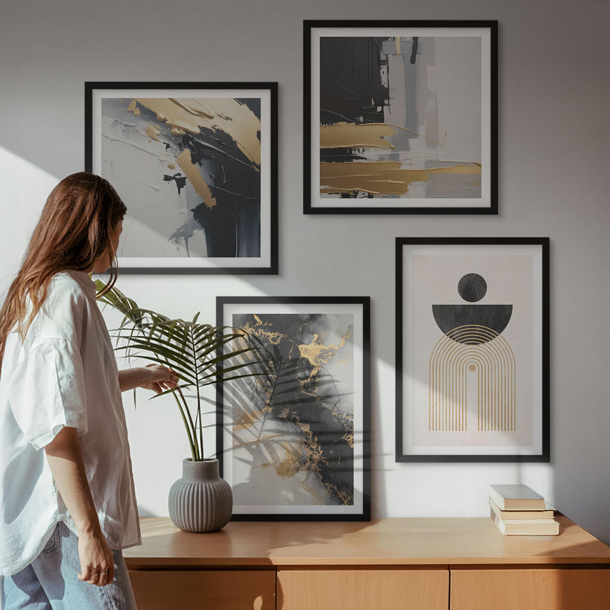 BILDER SET 4er Set - 50x50 cm & 40x60 cm Schwarzer Rahmen - Abstrakte Geometrie-Komposition - Schwarz, Kunststoff (50/50cm) - TULUP