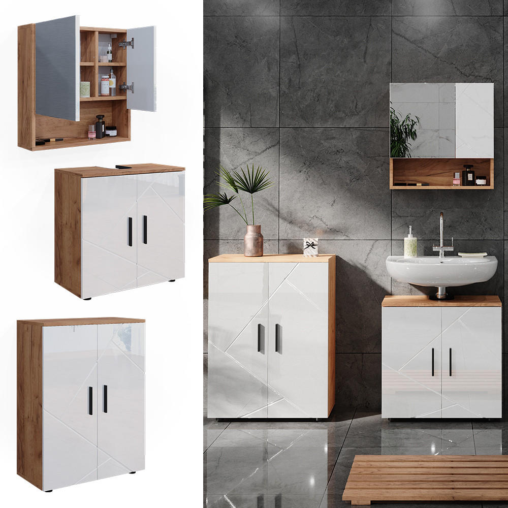 BADMÖBEL-SET Irma Weiß Hochglanz/Goldkraft Eiche 3 Teile mit Unterschrank 60 cm - Weiß Hochglanz/Eiche Wotan, Holzwerkstoff (80/58.6/41cm) - Vicco