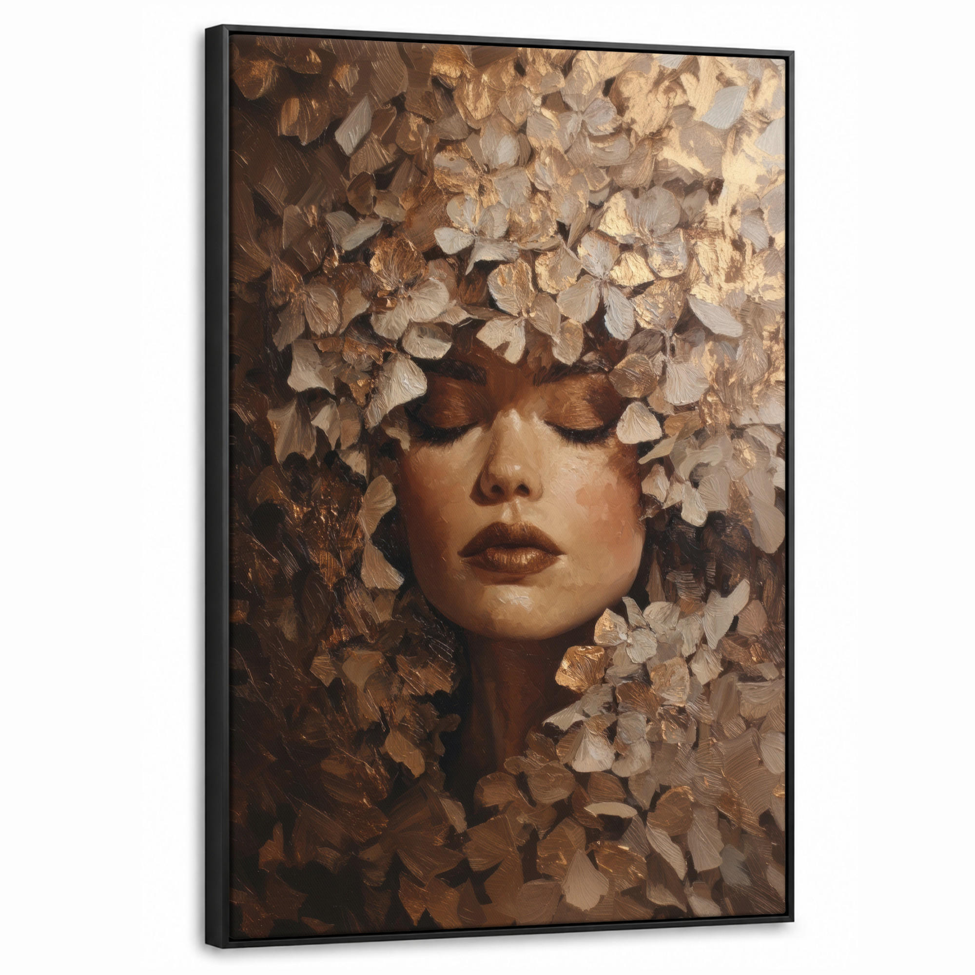 LEINWAND Bilder mit Rahmen - Gesicht - Dame - Blätter - Pinselstriche - 60x90 - Goldfarben, Textil (60/90cm) - MuchoWow