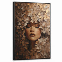 LEINWAND Bilder mit Rahmen - Gesicht - Dame - Blätter - Pinselstriche - 60x90 - Goldfarben, Textil (60/90cm) - MuchoWow