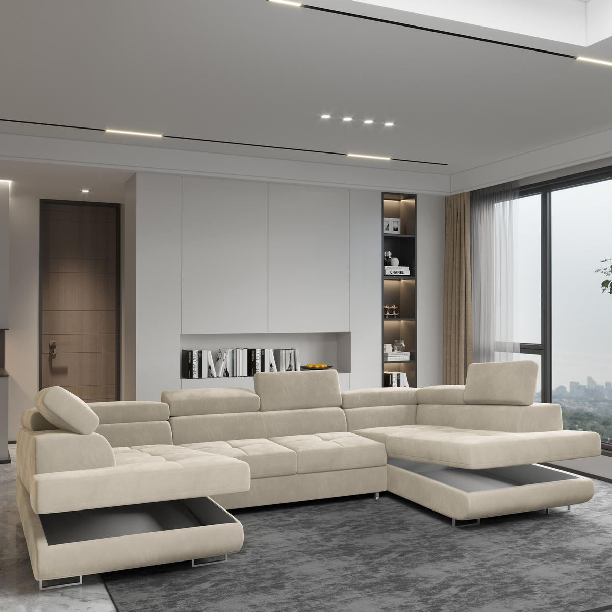 WOHNLANDSCHAFT RAGGIO Creme Velours-Stoff mit Schlaffunktion - Creme, Holz (336/90/202cm) - MASSENO