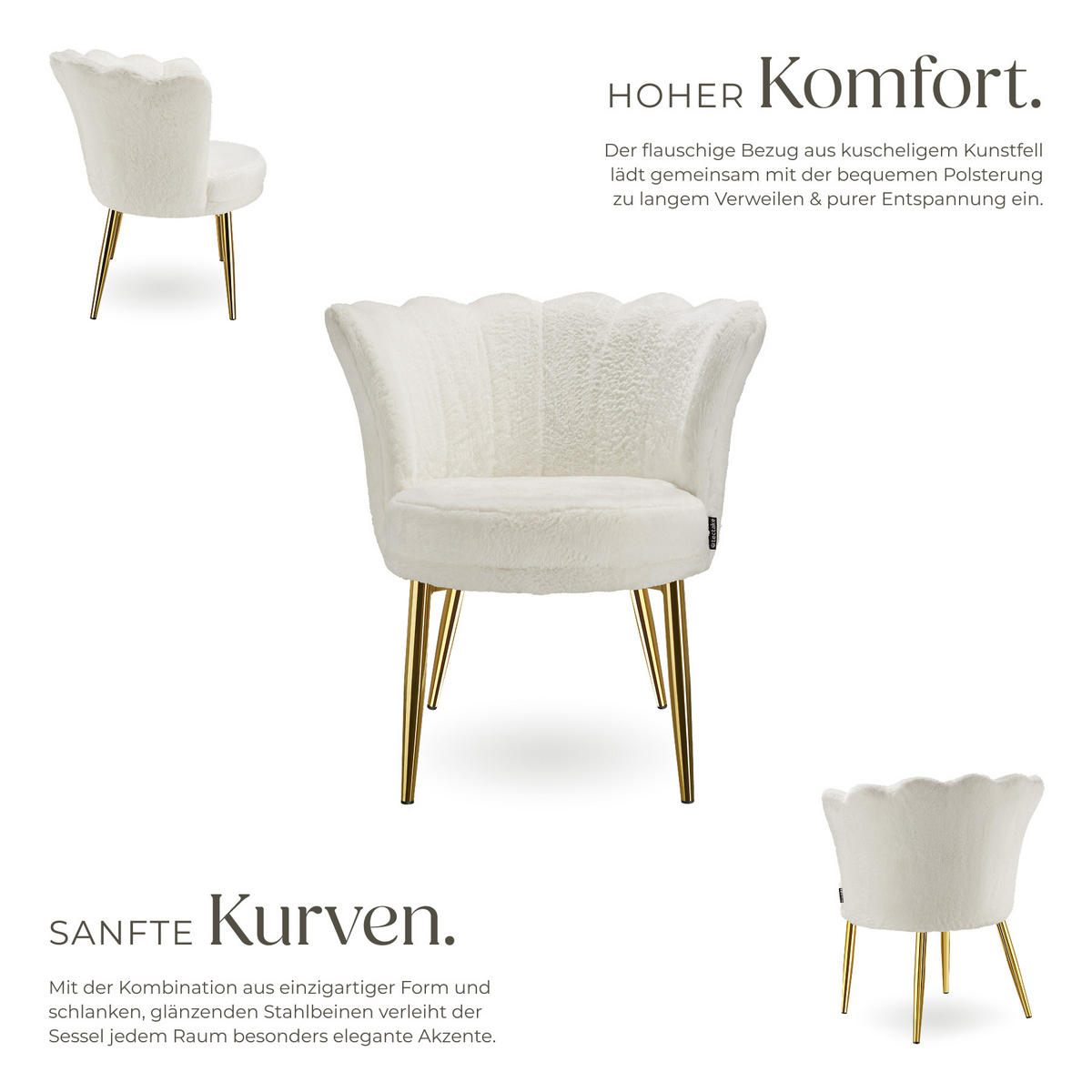 SESSEL Stella,67 x 64 x 76 cm,Kunstfell creme/gold - Goldfarben/Creme, Textil (67/76/64cm) - tectake