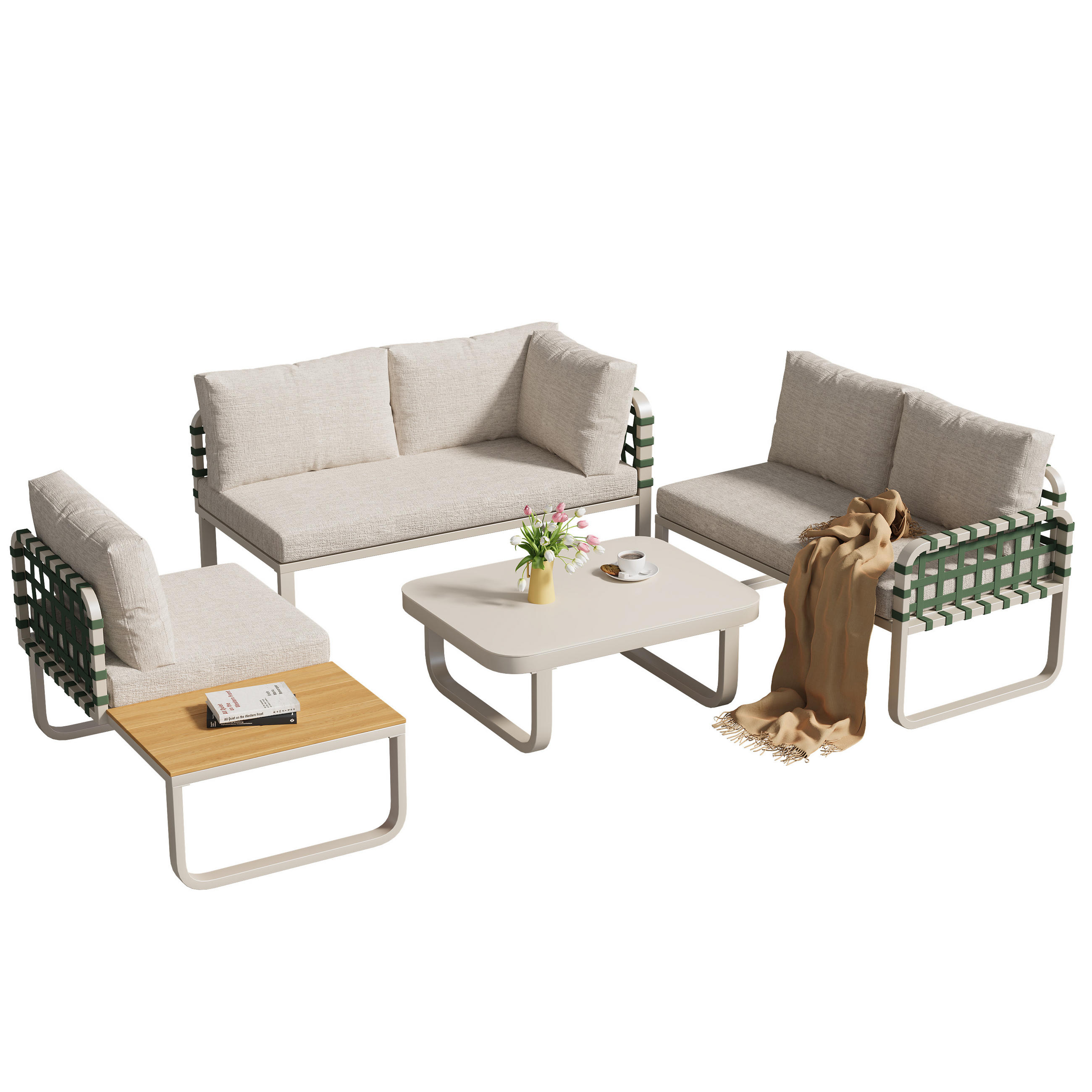 GARTEN Lounge Set 4 bis 5 Sitzer Grünes Leder Rattan Sofa mit Kissen Balkonset für Garten und Terrasse Aprikose - Creme, Metall - FLIEKS