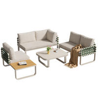 GARTEN Lounge Set 4 bis 5 Sitzer Grünes Leder Rattan Sofa mit Kissen Balkonset für Garten und Terrasse Aprikose - Creme, Metall - FLIEKS